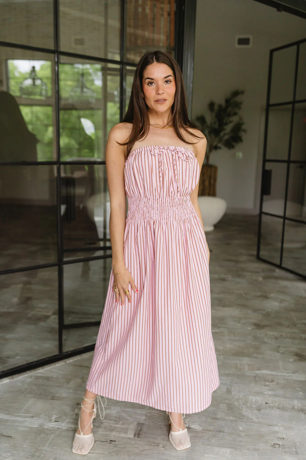 Kara Pink & Camel Stripe Strapless Midi Dress
