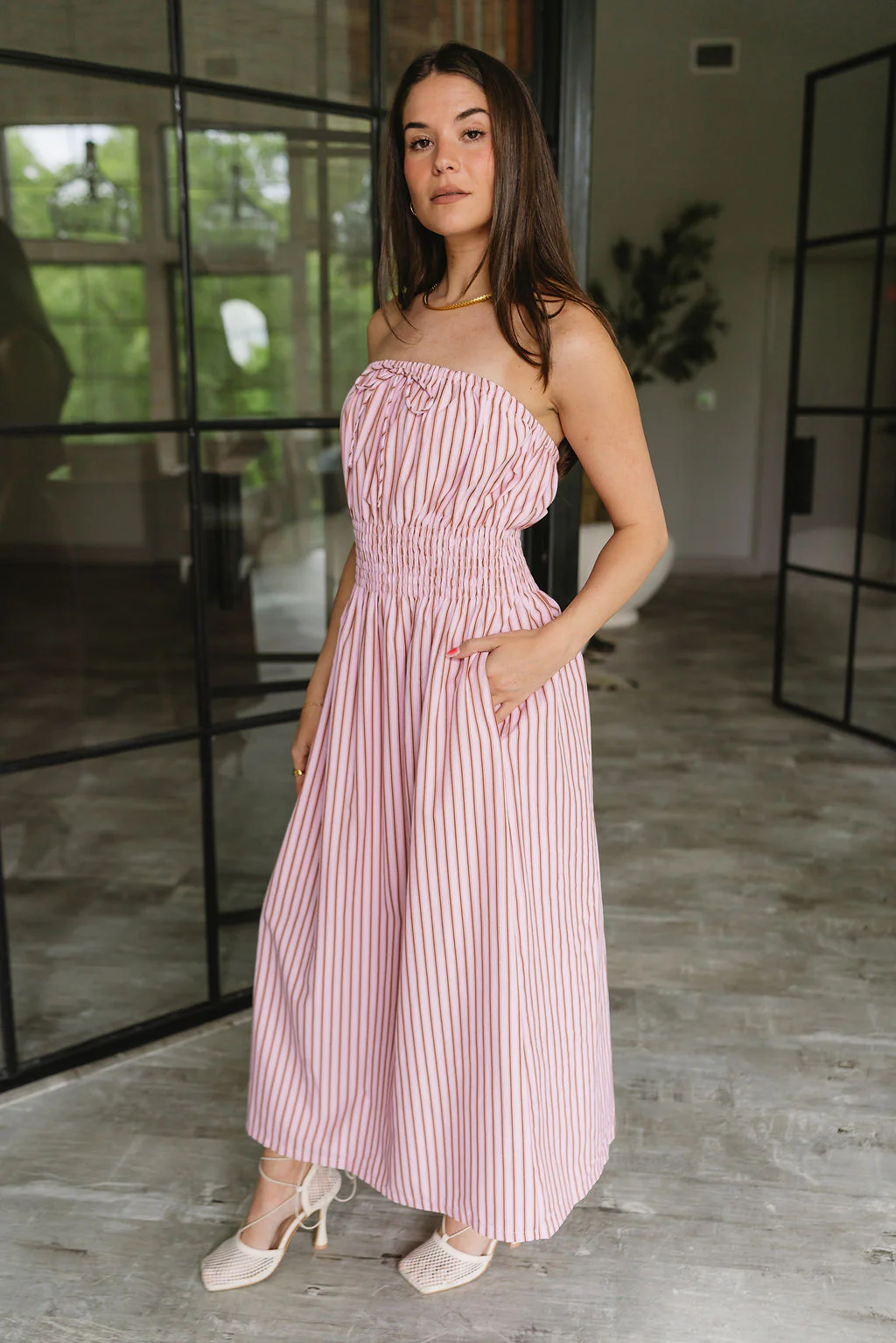 Kara Pink & Camel Stripe Strapless Midi Dress - Image 2