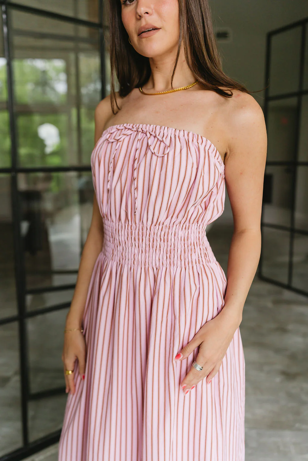 Kara Pink & Camel Stripe Strapless Midi Dress - Image 3