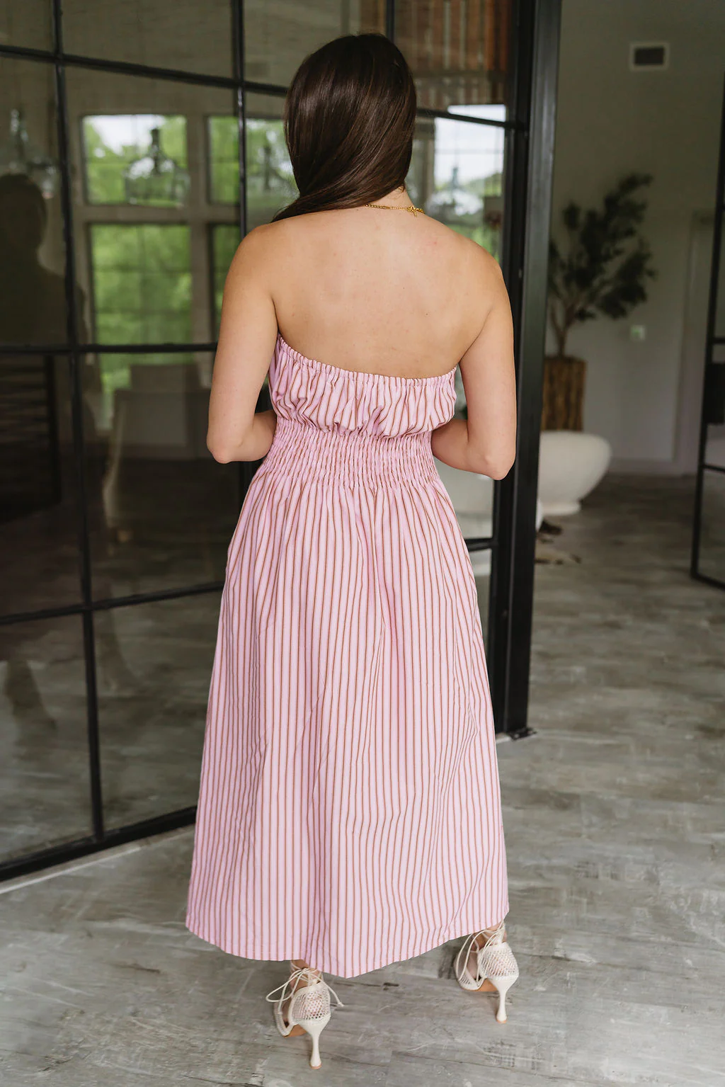 Kara Pink & Camel Stripe Strapless Midi Dress - Image 6