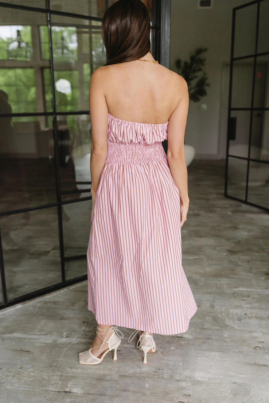 Kara Pink & Camel Stripe Strapless Midi Dress - Image 7