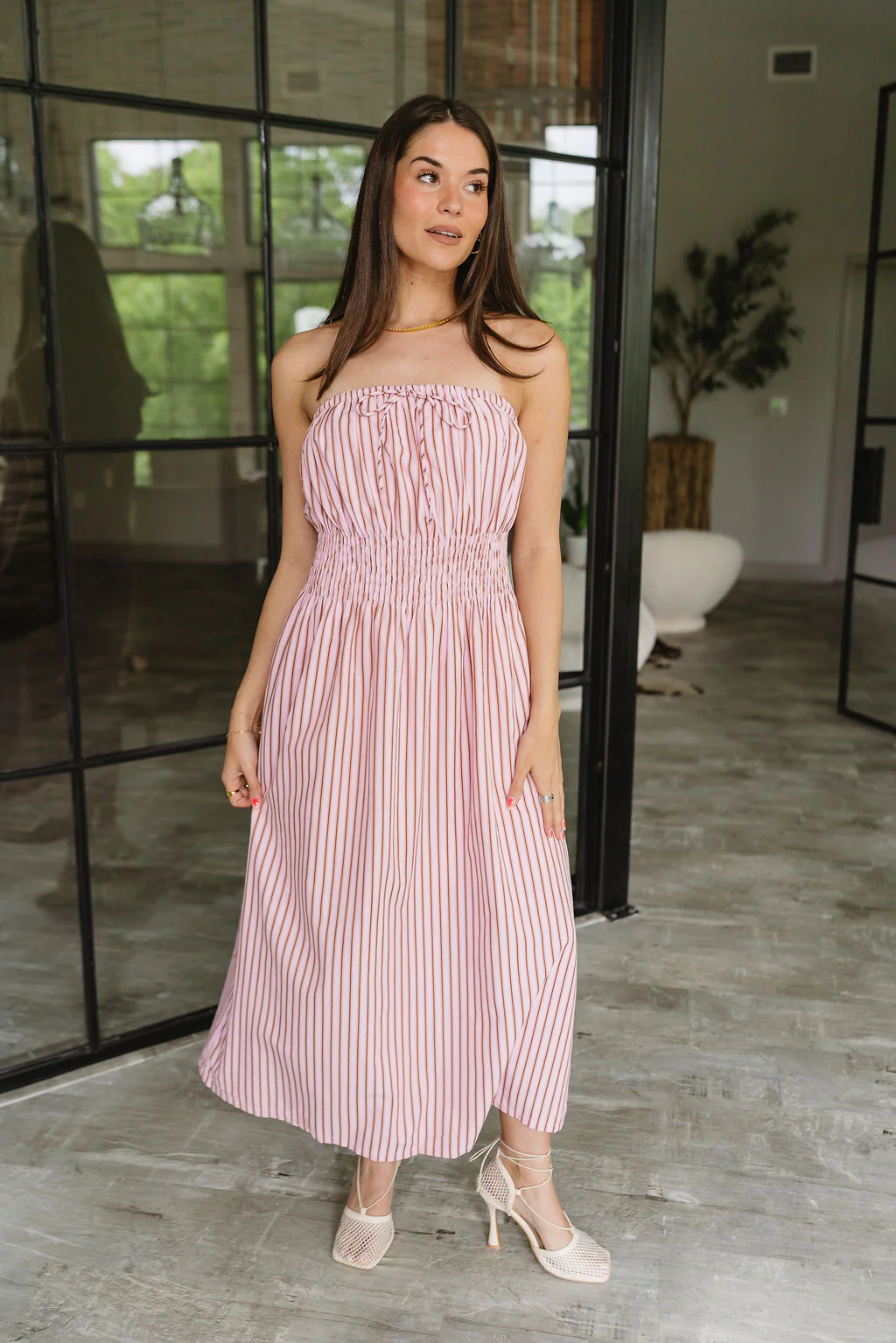 Kara Pink & Camel Stripe Strapless Midi Dress - Image 9