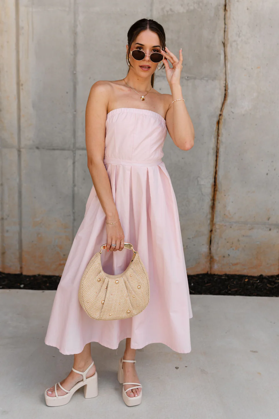 Karsyn Light Pink Strapless Flare Midi Dress - Image 6