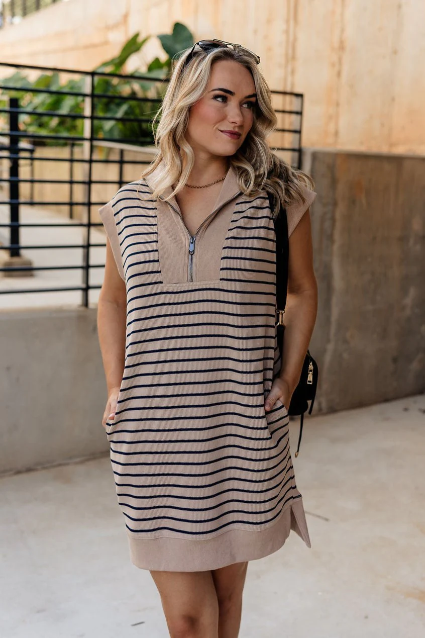 Katherine Taupe & Navy Striped Dress