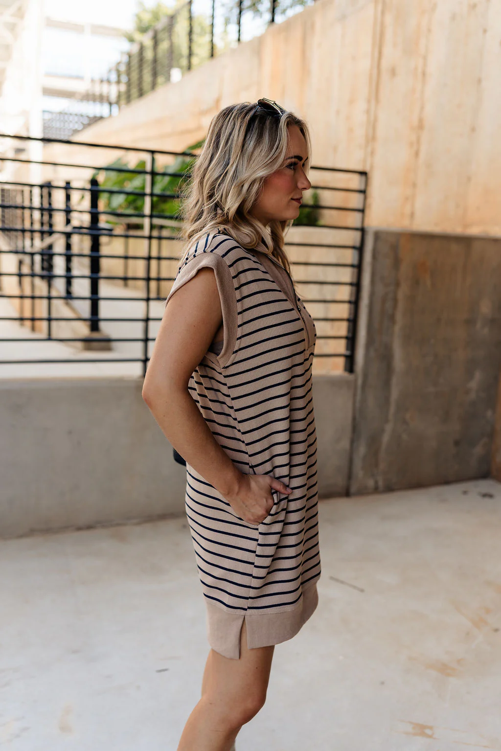 Katherine Taupe & Navy Striped Dress - Image 6