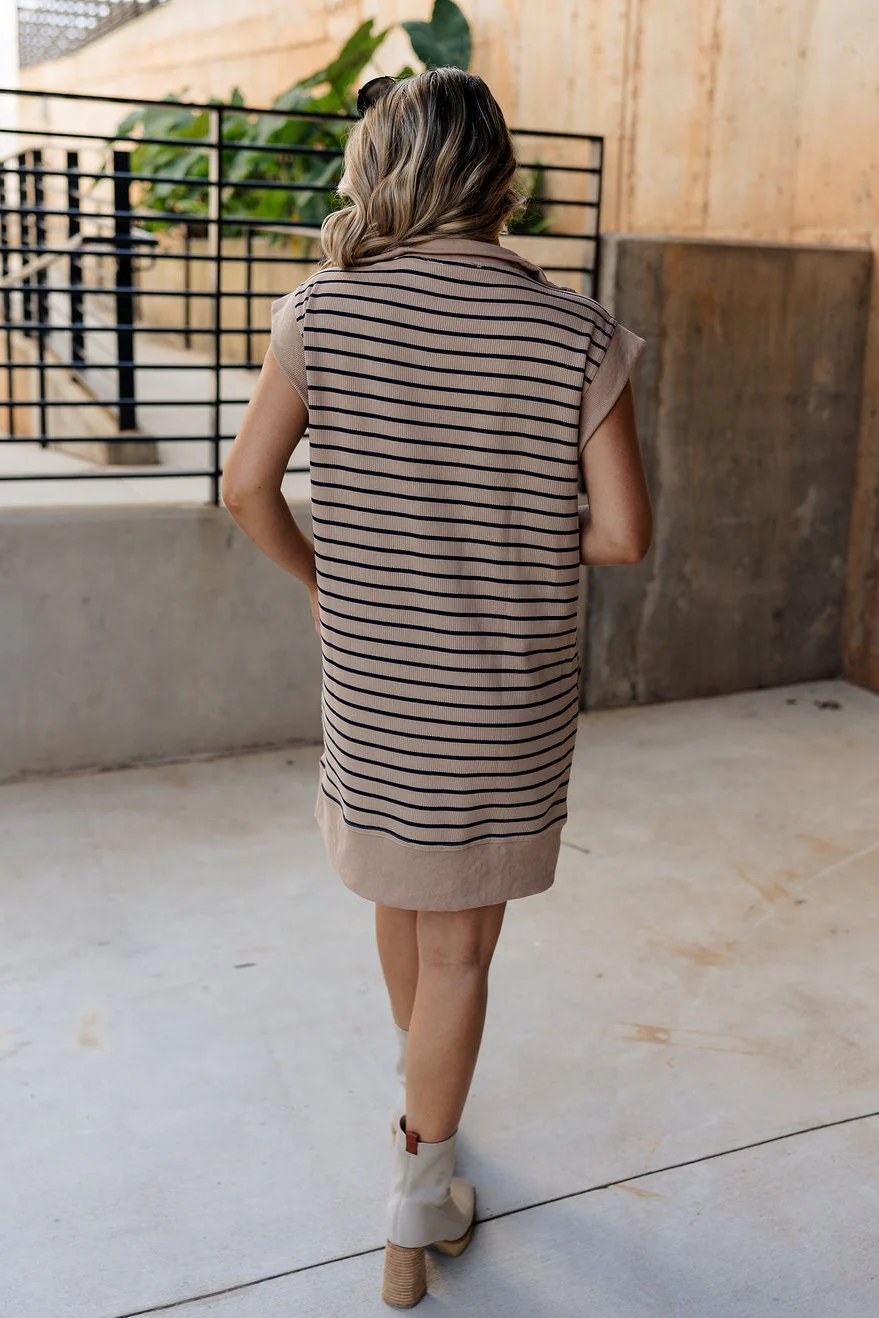 Katherine Taupe & Navy Striped Dress - Image 7