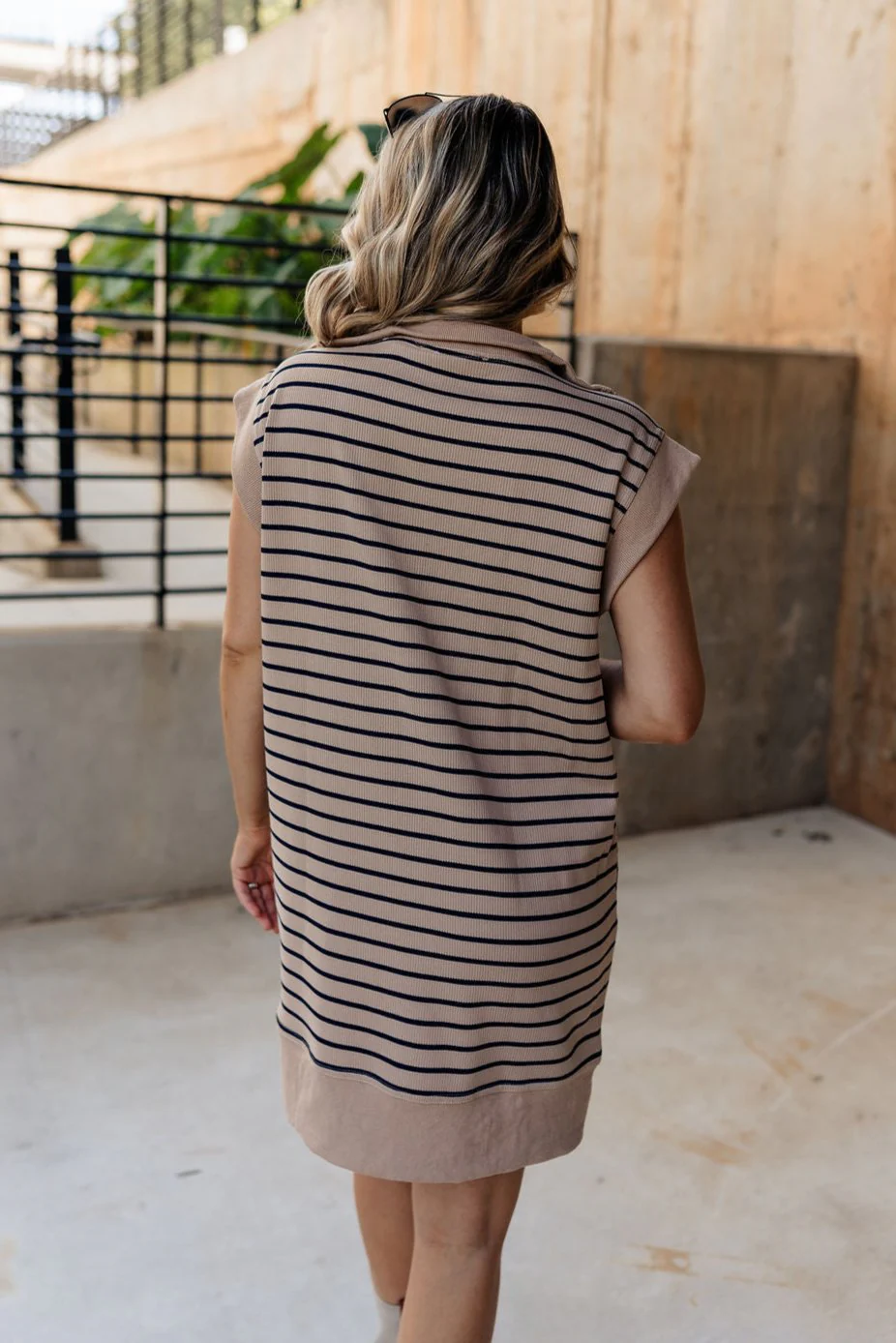 Katherine Taupe & Navy Striped Dress - Image 8