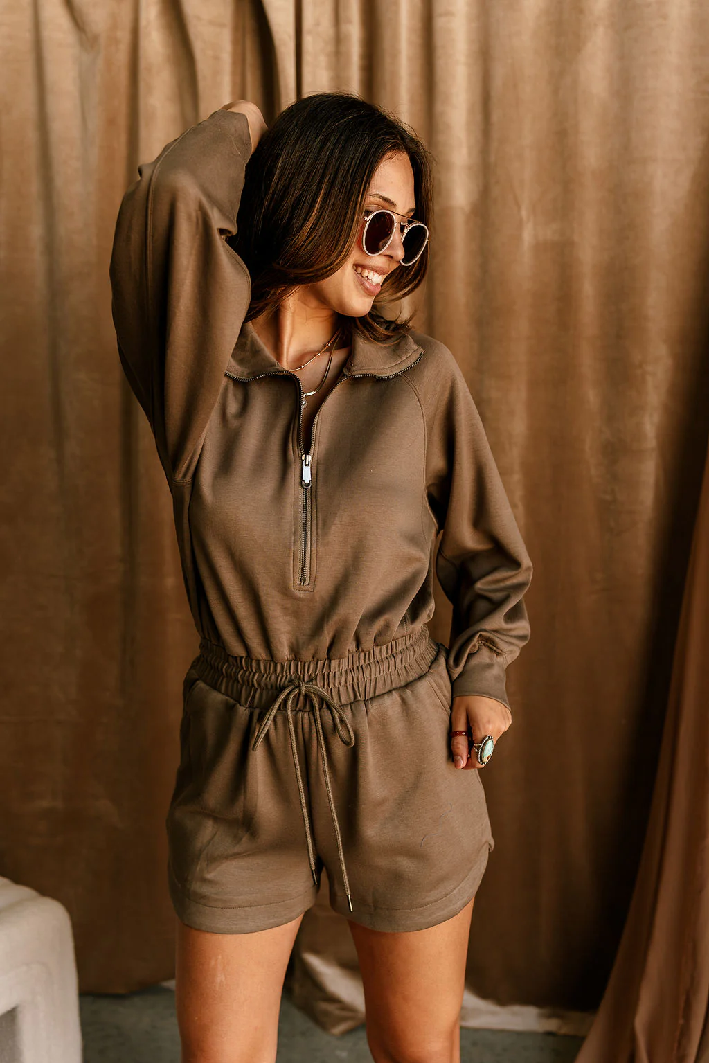 Kathryn Mocha Long Sleeve Romper