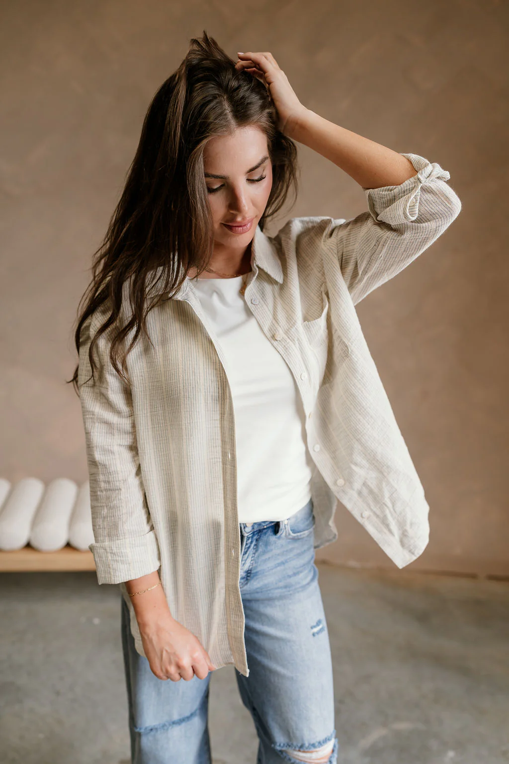 Katy Cream Striped Button-Up Linen Top