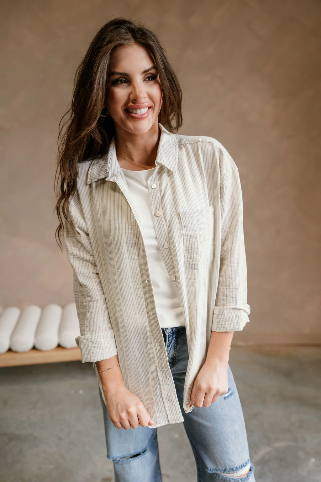 Katy Cream Striped Button-Up Linen Top - Image 2