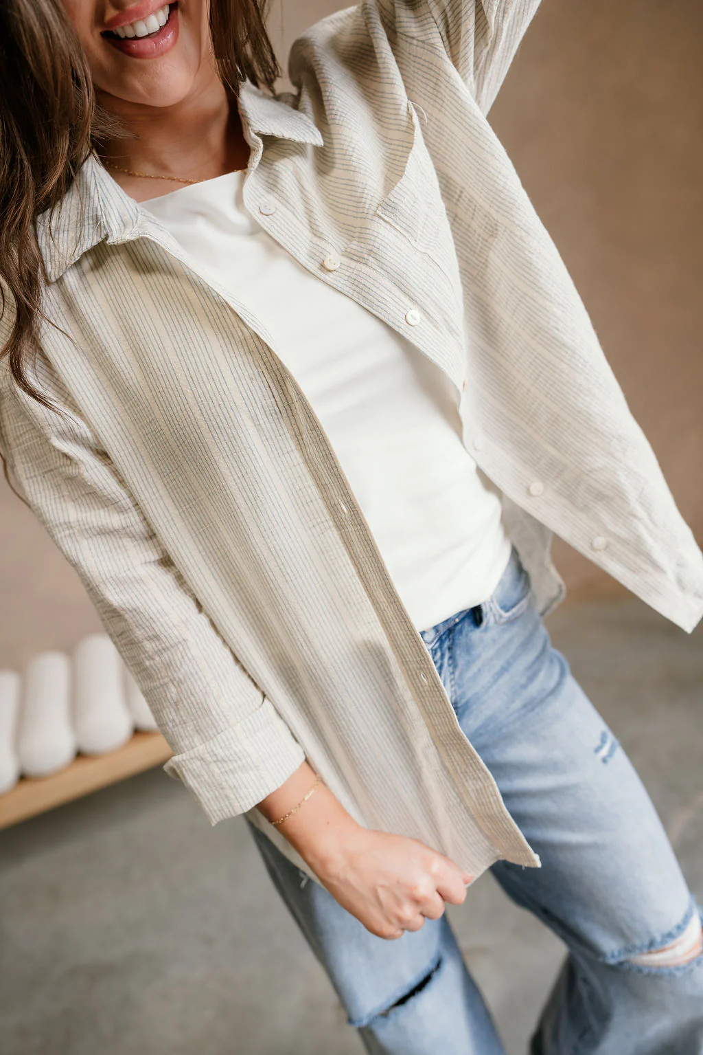 Katy Cream Striped Button-Up Linen Top - Image 4