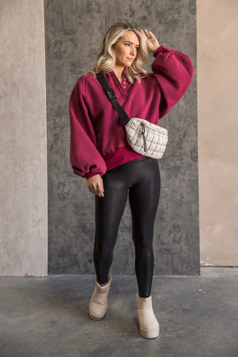 Kayla Burgundy Snap Button Collared Pullover