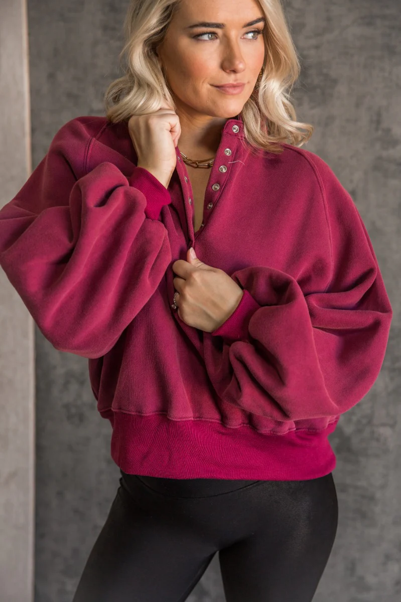Kayla Burgundy Snap Button Collared Pullover - Image 4
