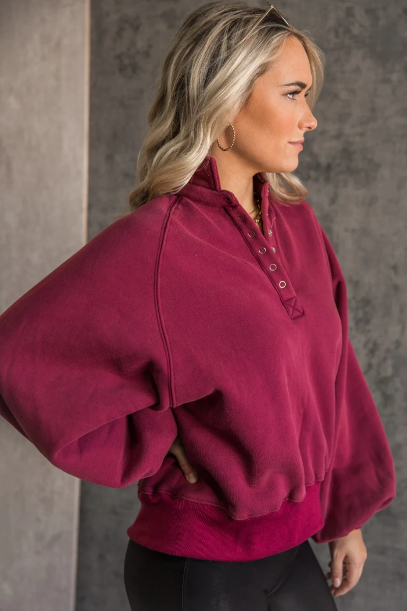 Kayla Burgundy Snap Button Collared Pullover - Image 5