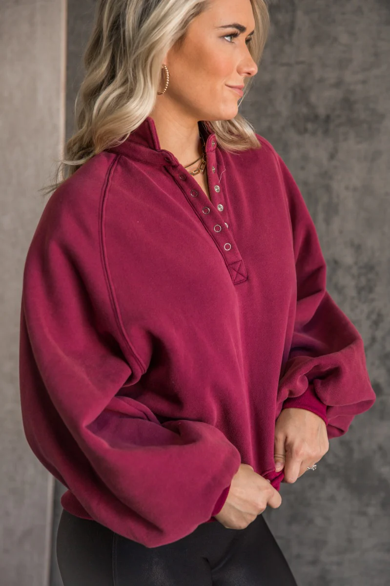 Kayla Burgundy Snap Button Collared Pullover - Image 6