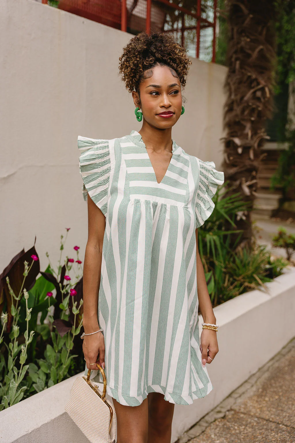 Kayla Green & Cream Striped Ruffle Mini Dress