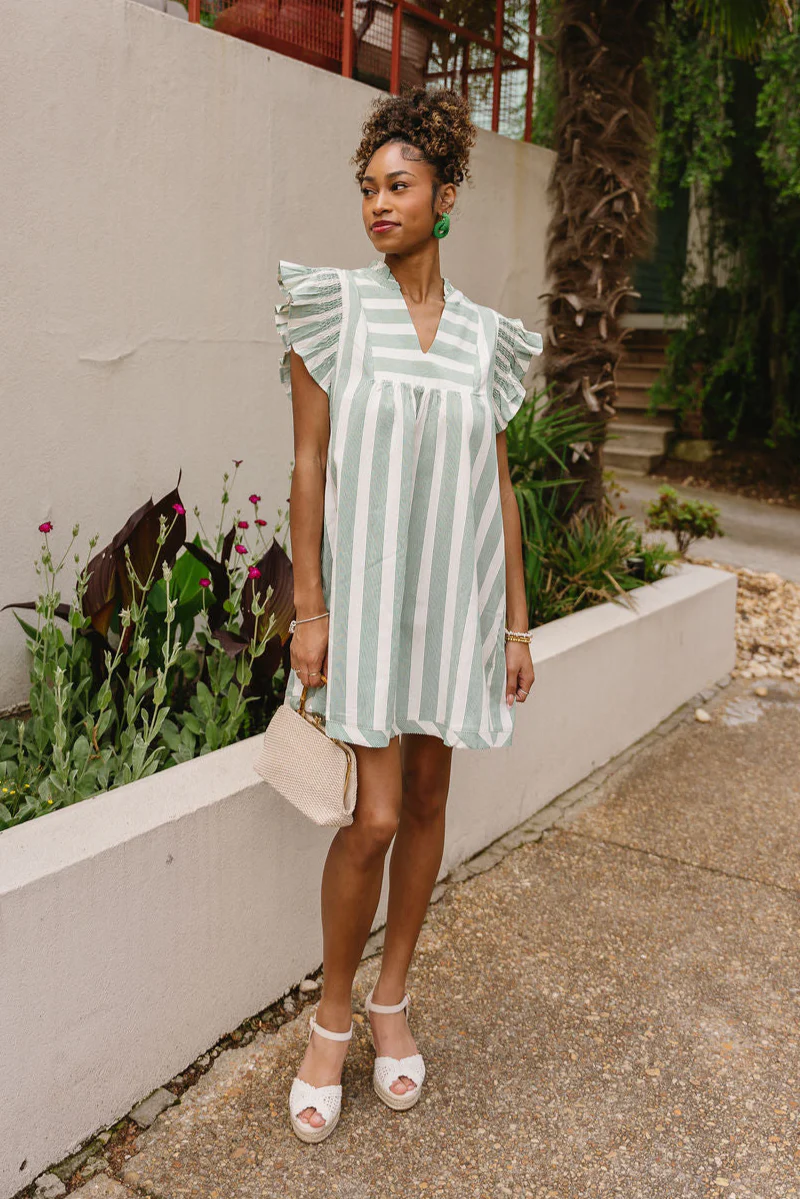 Kayla Green & Cream Striped Ruffle Mini Dress - Image 8