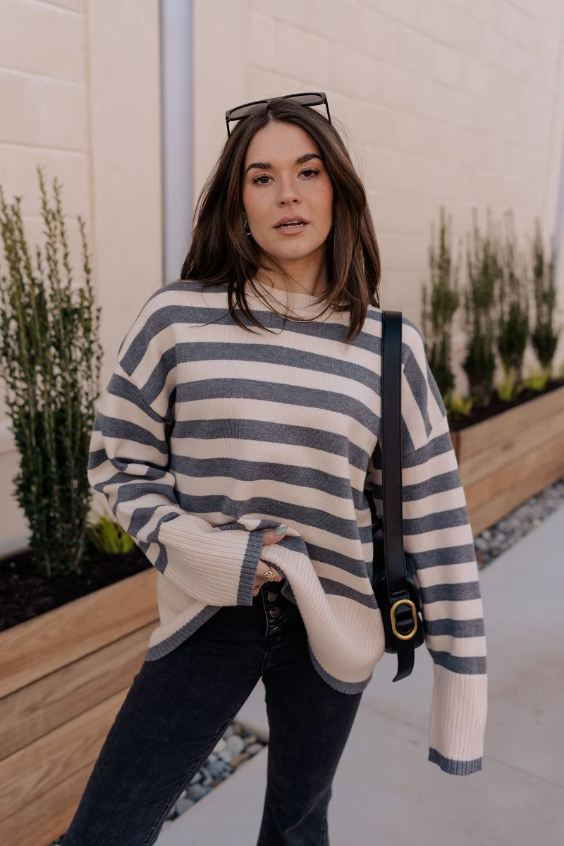 Kelly Cream & Grey Striped Long Sleeve Sweater - Image 2