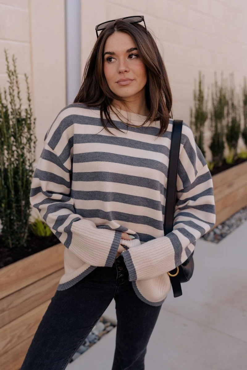 Kelly Cream & Grey Striped Long Sleeve Sweater - Image 3