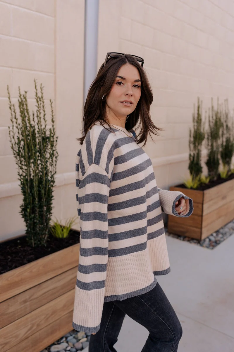Kelly Cream & Grey Striped Long Sleeve Sweater - Image 5