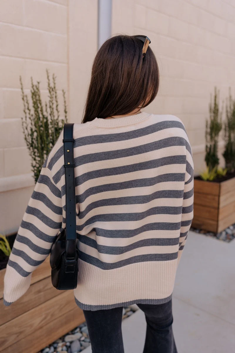 Kelly Cream & Grey Striped Long Sleeve Sweater - Image 6