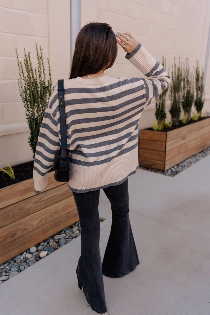 Kelly Cream & Grey Striped Long Sleeve Sweater - Image 7