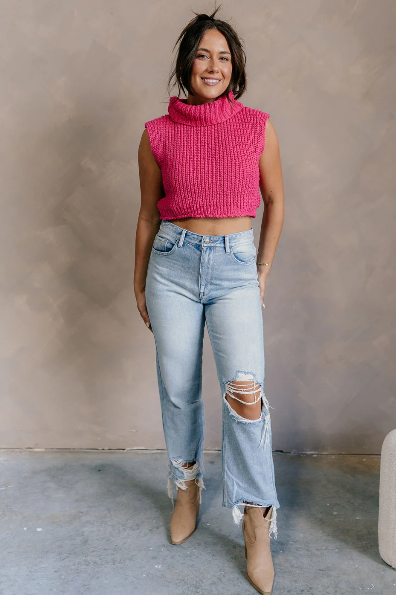 Kelly Pink Cropped Turtleneck Sweater - Image 2