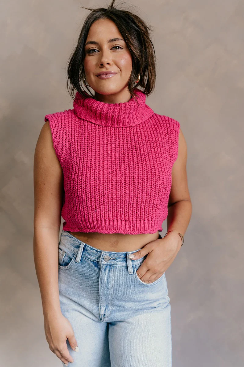 Kelly Pink Cropped Turtleneck Sweater - Image 3