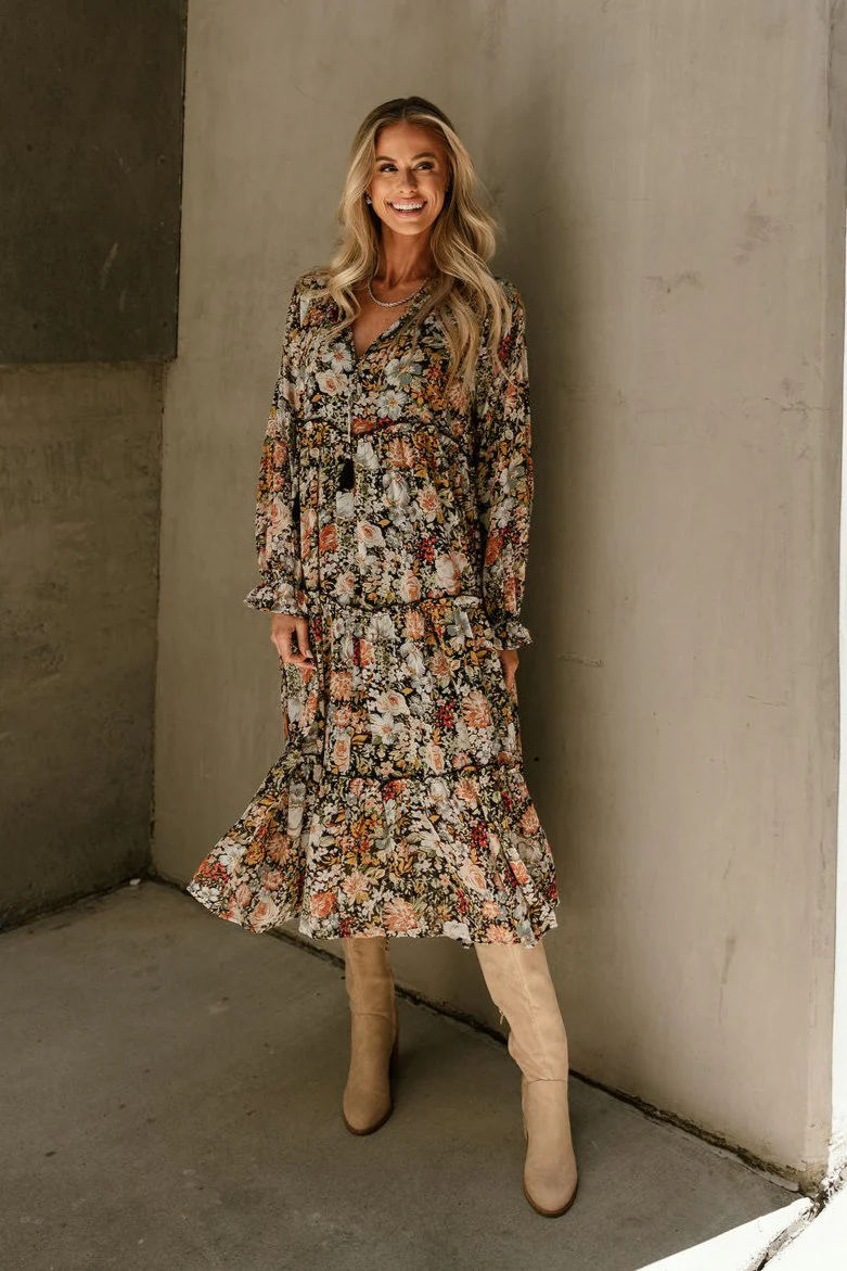Kellyn Black Floral Long Sleeve Midi Dress - Image 2