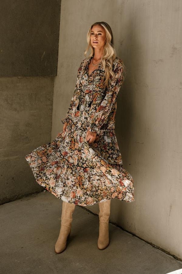 Kellyn Black Floral Long Sleeve Midi Dress - Image 3