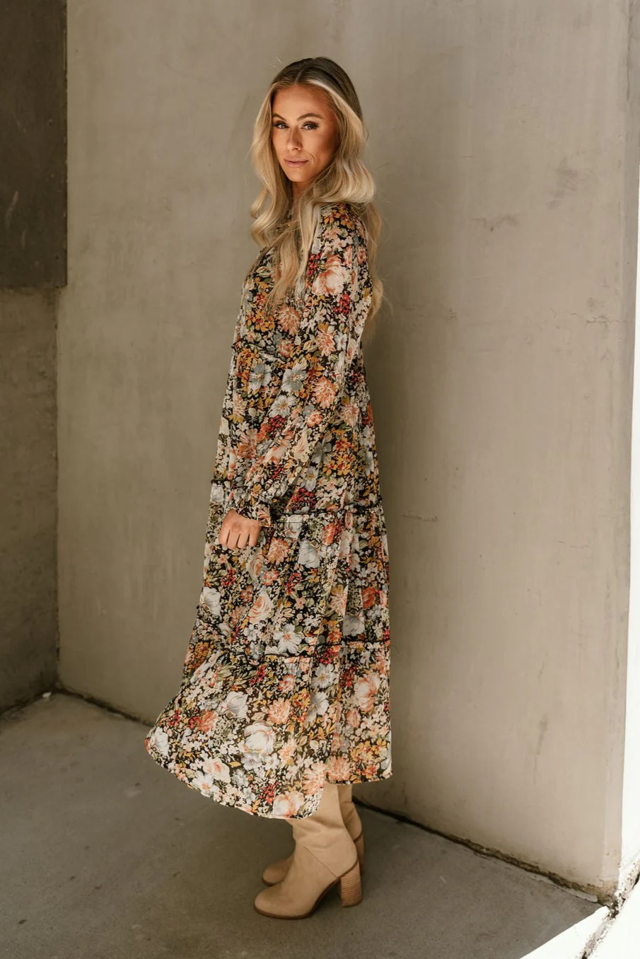Kellyn Black Floral Long Sleeve Midi Dress - Image 5