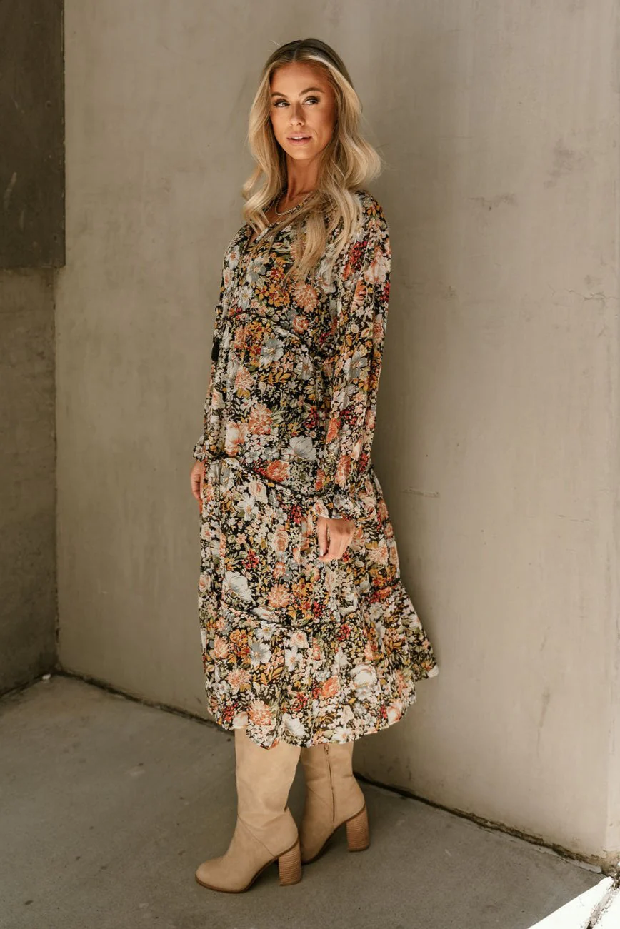 Kellyn Black Floral Long Sleeve Midi Dress - Image 6