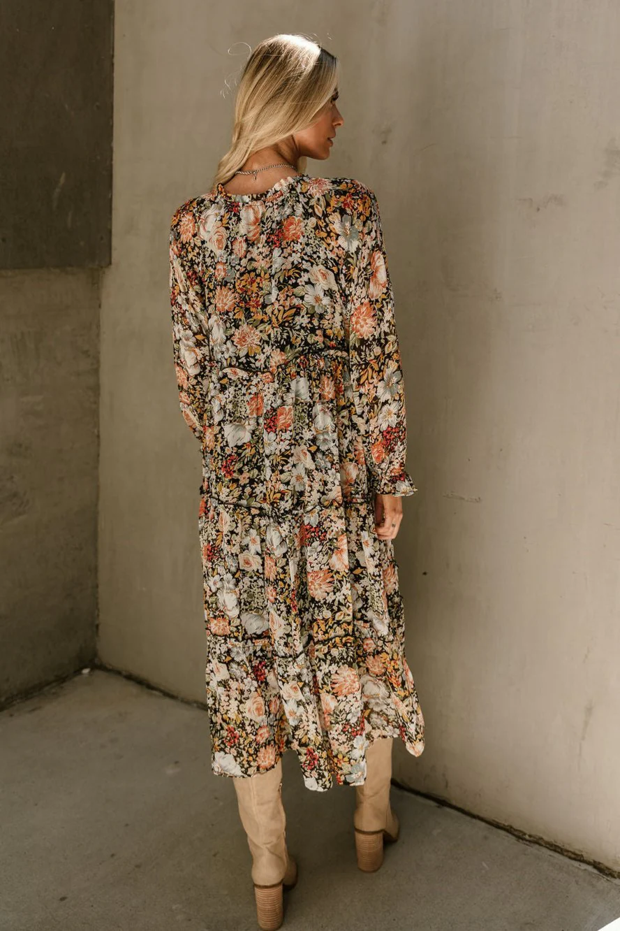 Kellyn Black Floral Long Sleeve Midi Dress - Image 7