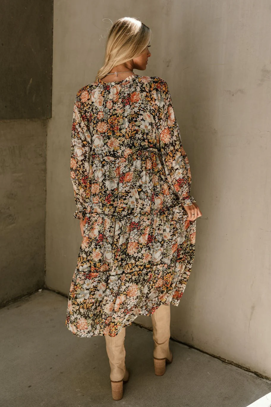 Kellyn Black Floral Long Sleeve Midi Dress - Image 8