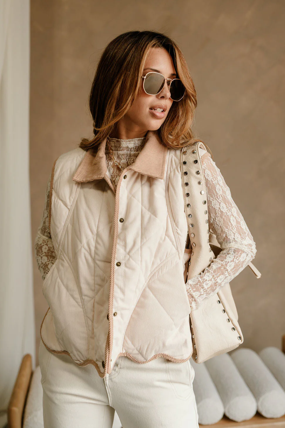 Kendra Beige & Camel Scallop Vest