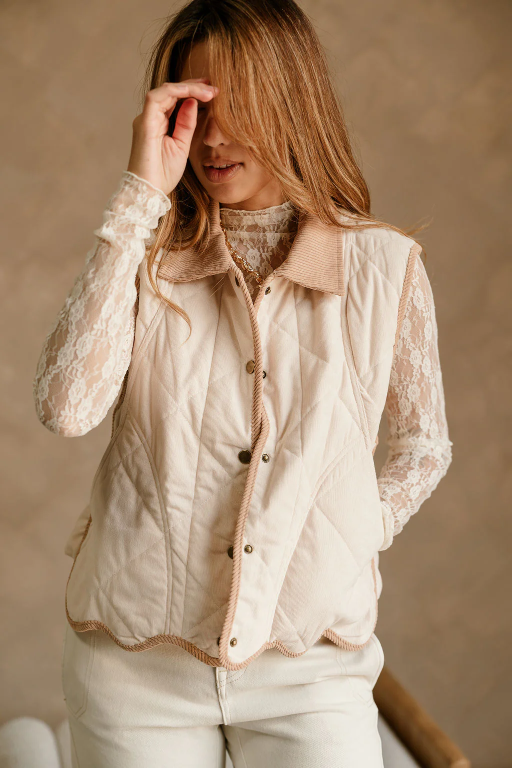 Kendra Beige & Camel Scallop Vest - Image 2