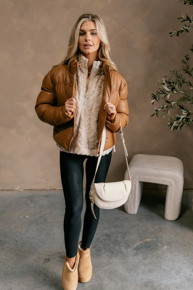 Kendra Brown Faux Leather Puffer Jacket