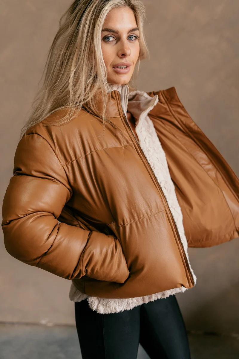 Kendra Brown Faux Leather Puffer Jacket - Image 3