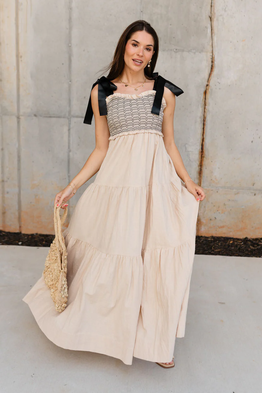 Kendra Taupe & Black Tie Strap Maxi Dress