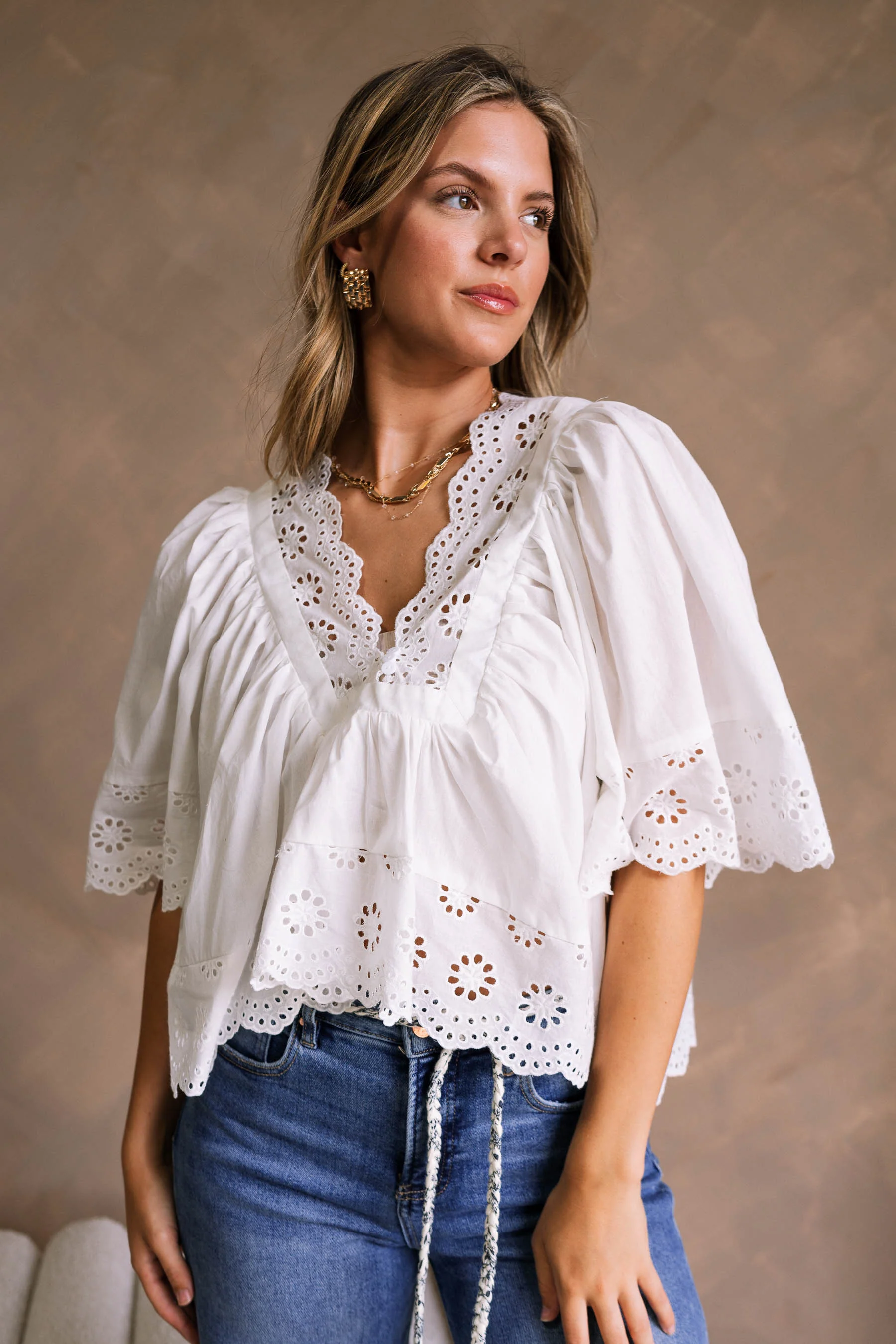 Kennedi White Eyelet Scalloped Short Sleeve Top