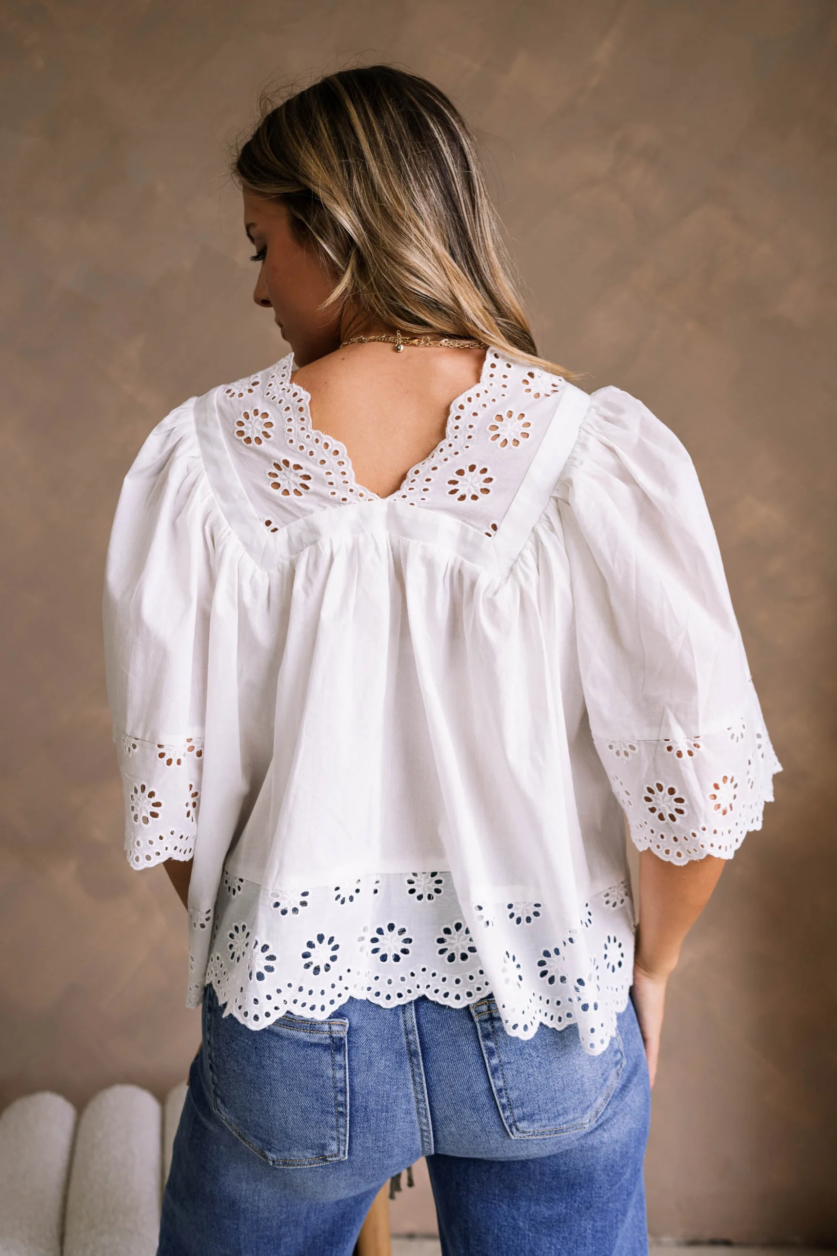 Kennedi White Eyelet Scalloped Short Sleeve Top - Image 4