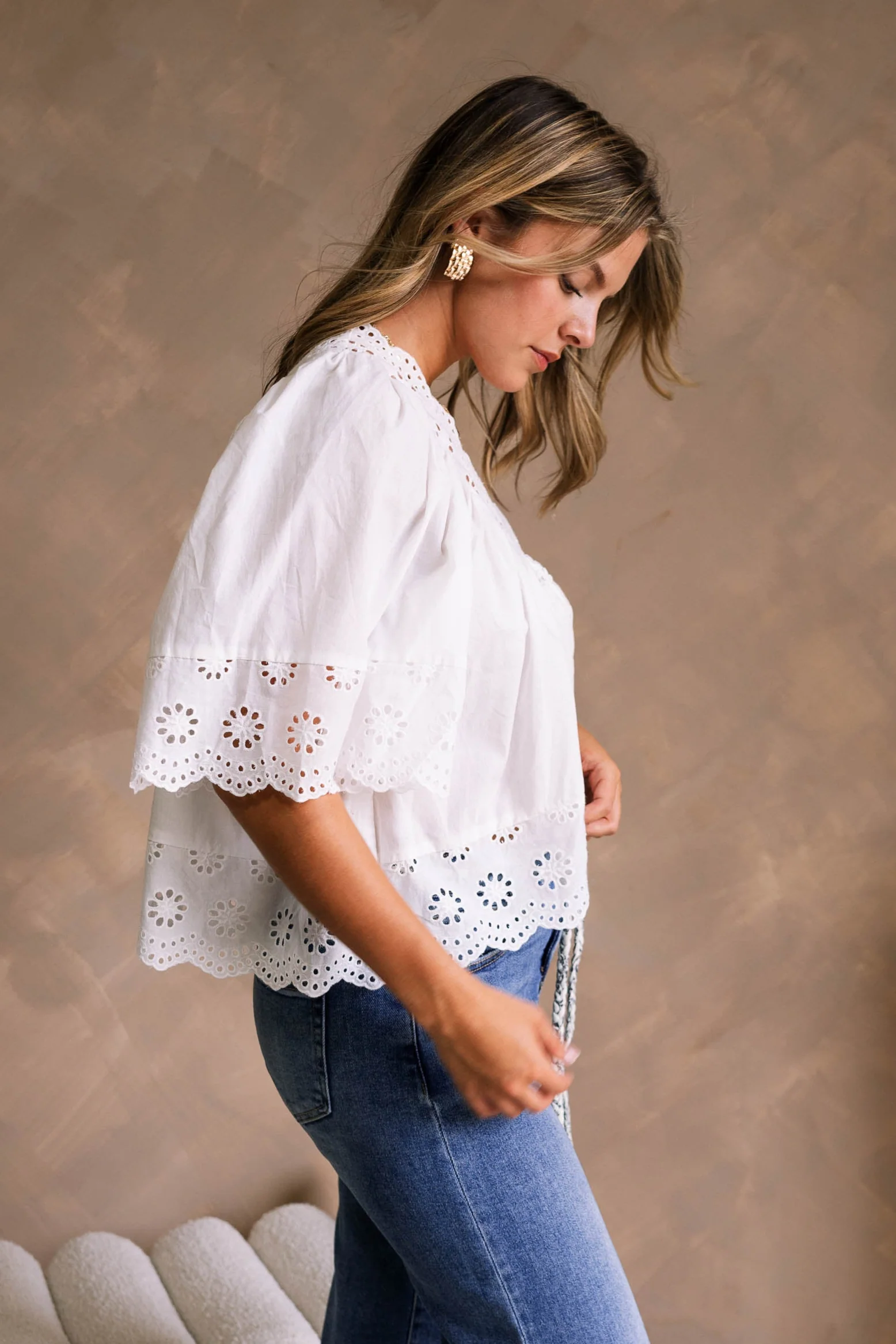 Kennedi White Eyelet Scalloped Short Sleeve Top - Image 9