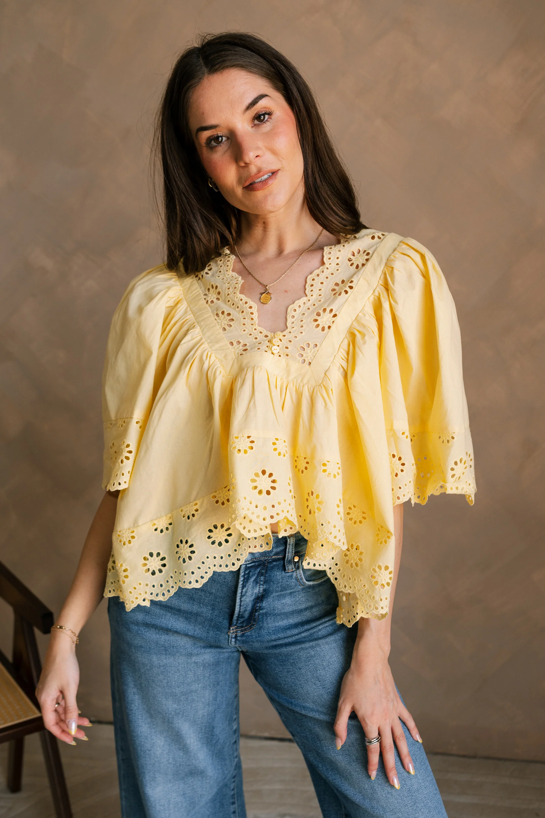 Kennedi Yellow Eyelet Scalloped Short Sleeve Top