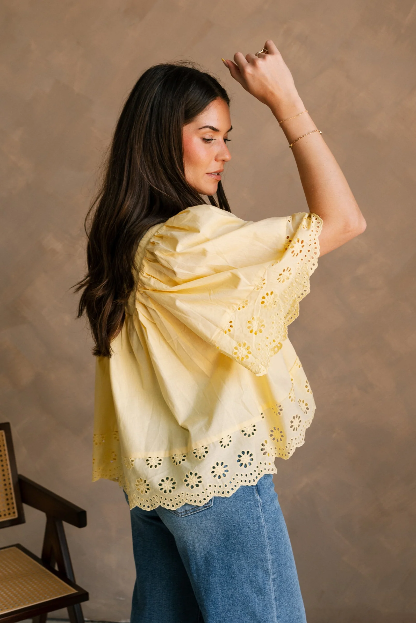 Kennedi Yellow Eyelet Scalloped Short Sleeve Top - Image 2