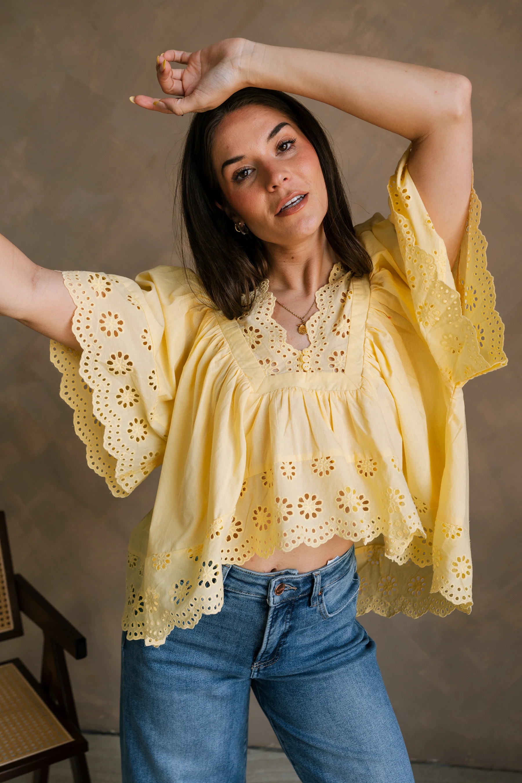 Kennedi Yellow Eyelet Scalloped Short Sleeve Top - Image 3