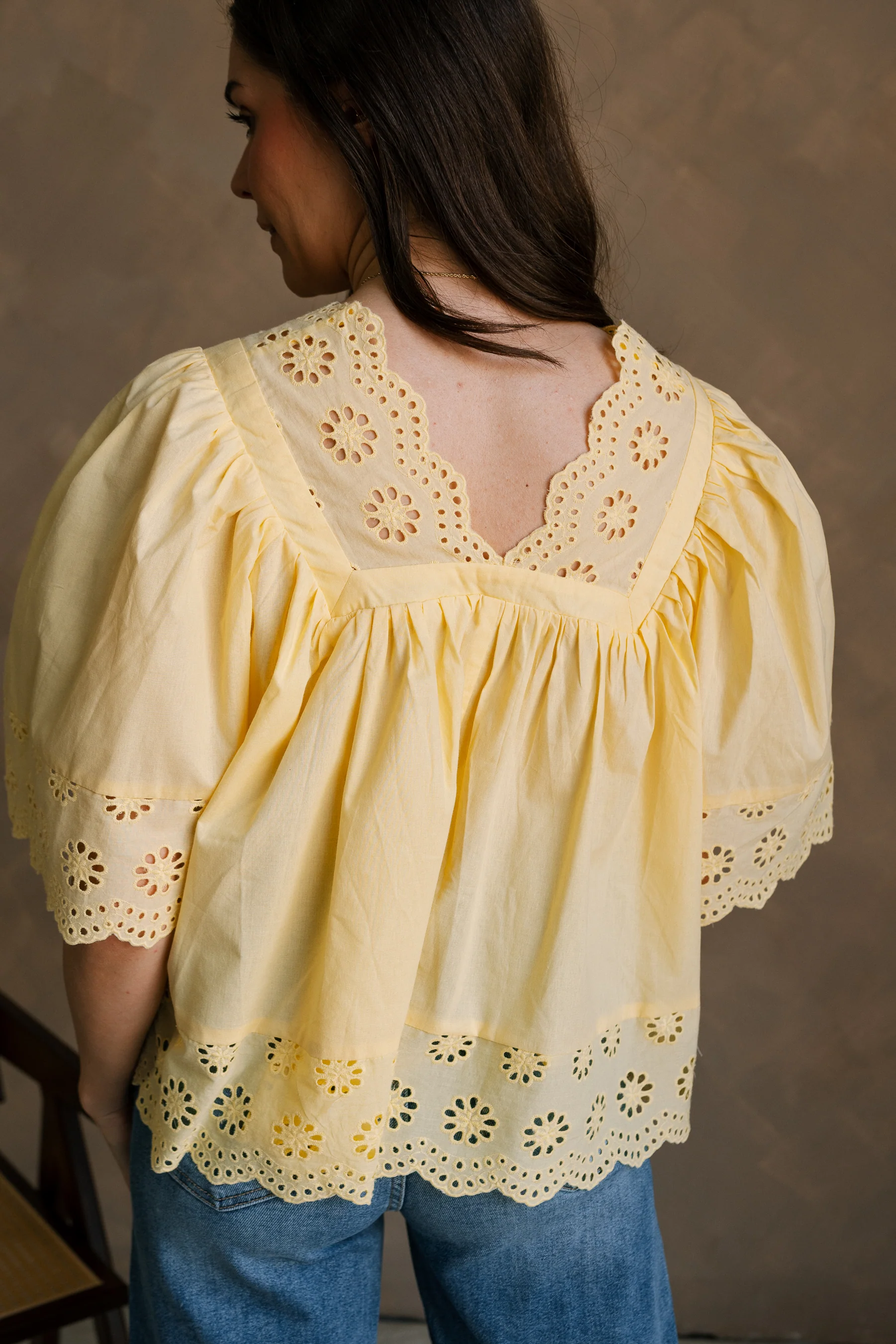Kennedi Yellow Eyelet Scalloped Short Sleeve Top - Image 4
