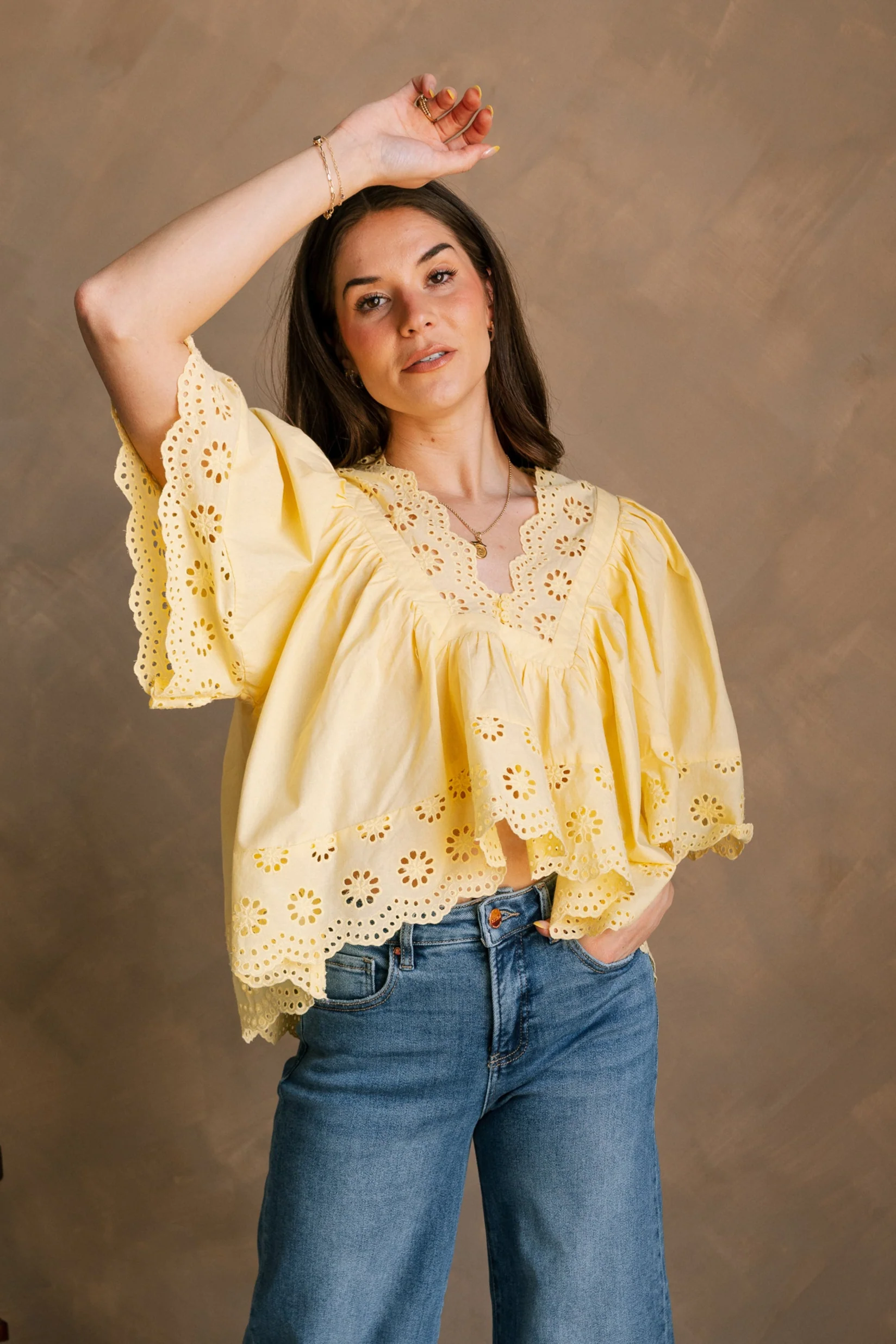 Kennedi Yellow Eyelet Scalloped Short Sleeve Top - Image 5