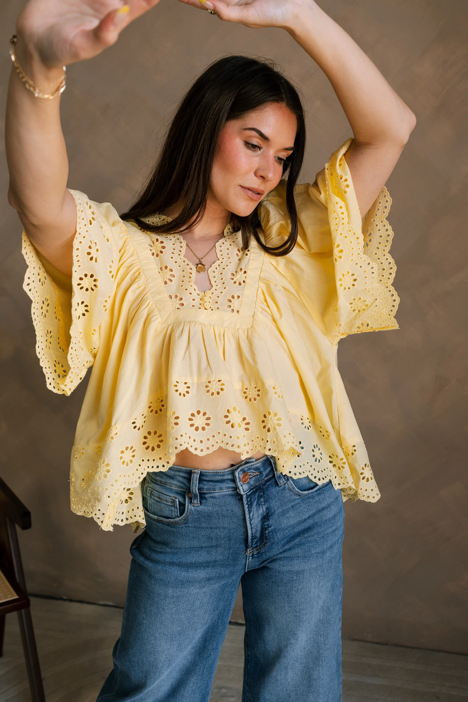 Kennedi Yellow Eyelet Scalloped Short Sleeve Top - Image 6