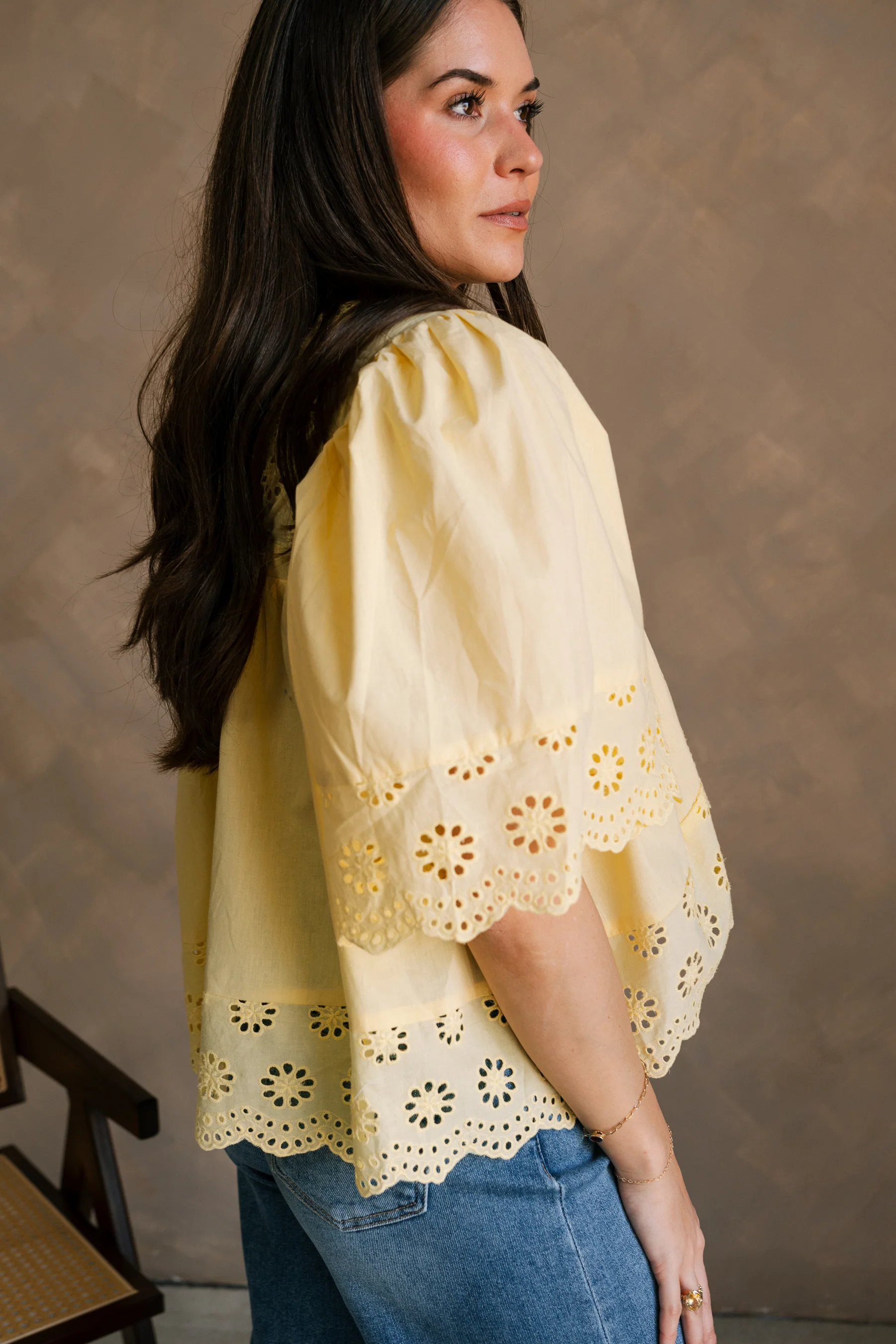 Kennedi Yellow Eyelet Scalloped Short Sleeve Top - Image 7