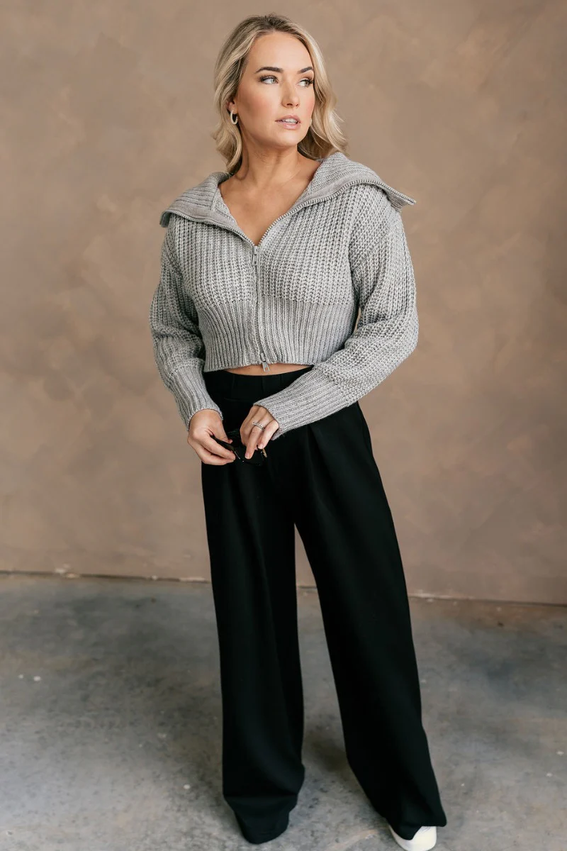 Kennedy Grey Knit Zip-Up Long Sleeve Sweater - Image 2